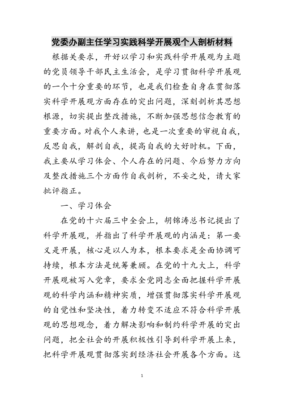 2023年党委办副主任学习实践科学发展观个人剖析材料范文.doc_第1页