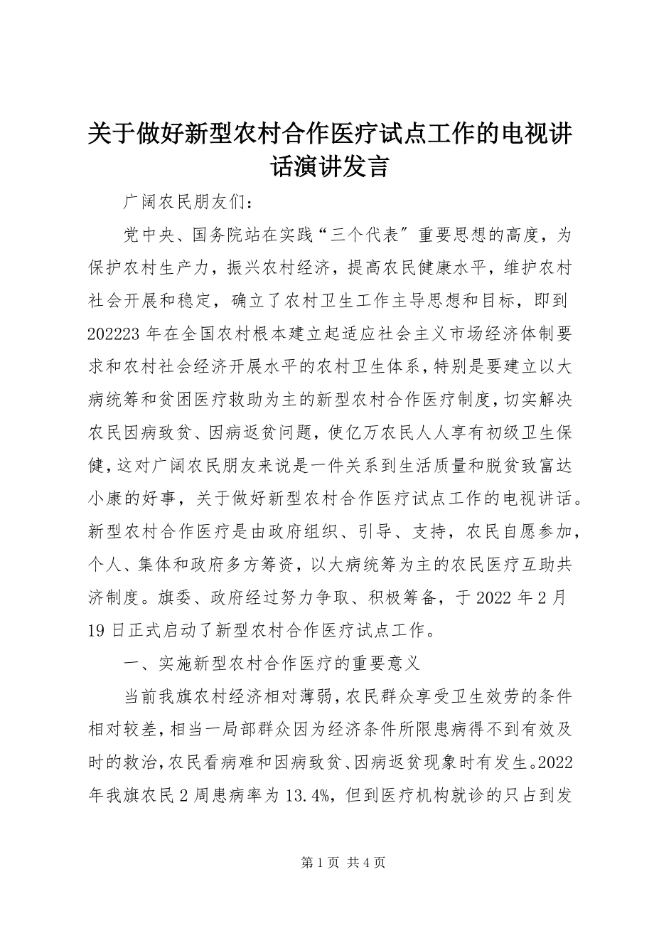 2023年做好新型农村合作医疗试点工作的电视致辞演讲讲话.docx_第1页