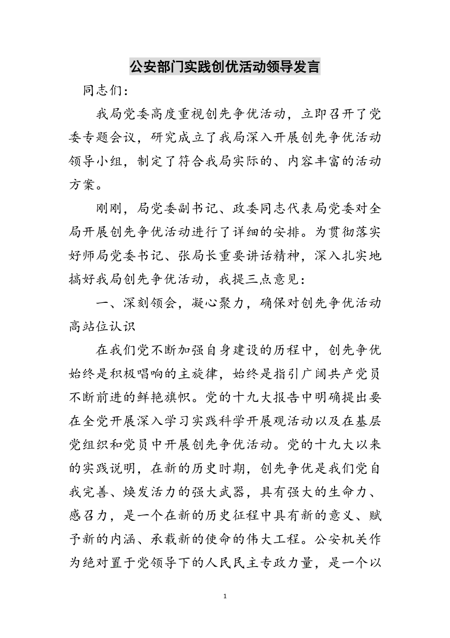 2023年公安部门实践创优活动领导发言范文.doc_第1页