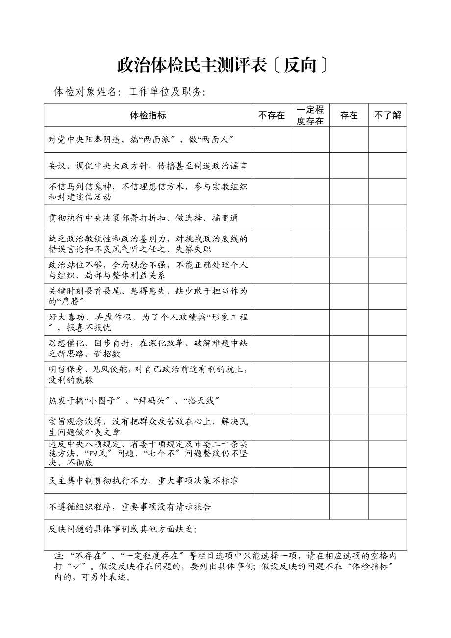 2023年政治体检民主测评表（反向）.doc_第1页