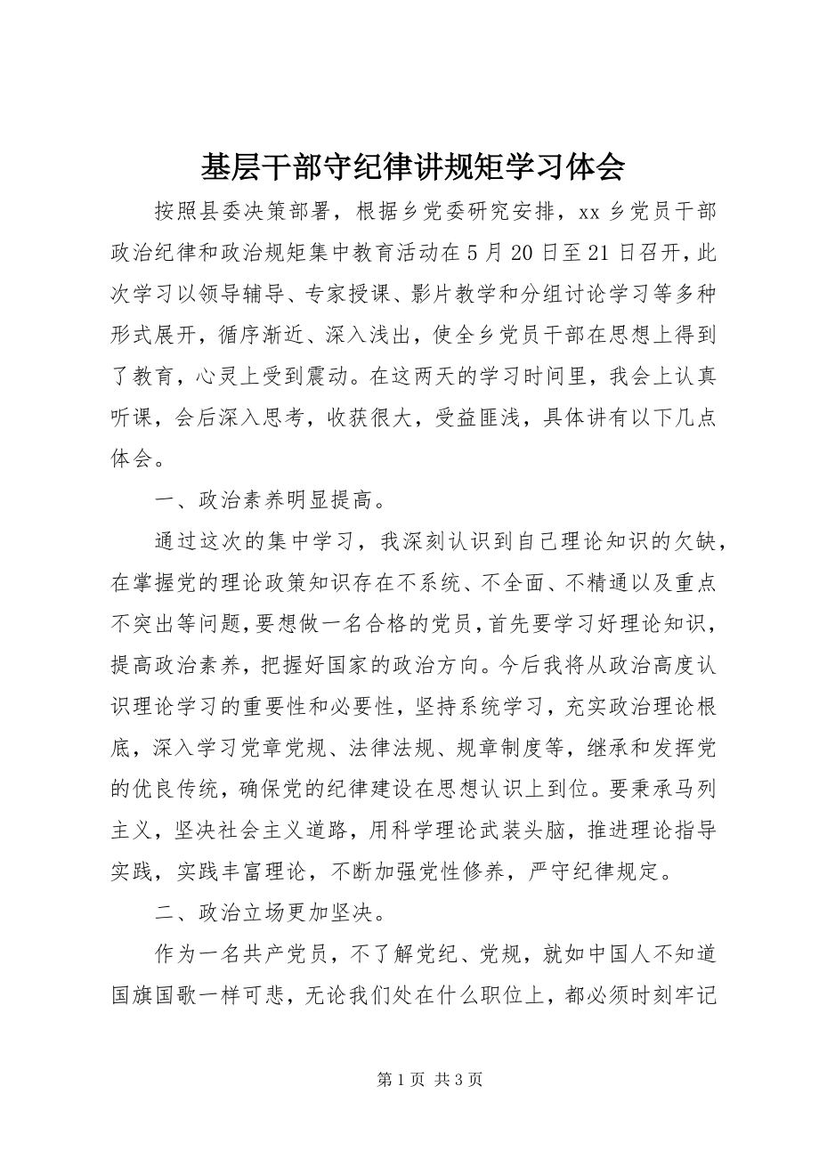 2023年基层干部守纪律讲规矩学习体会.docx_第1页