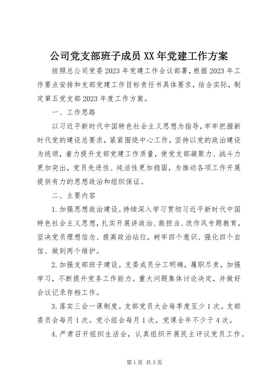 2023年公司党支部班子成员某年党建工作计划.docx_第1页