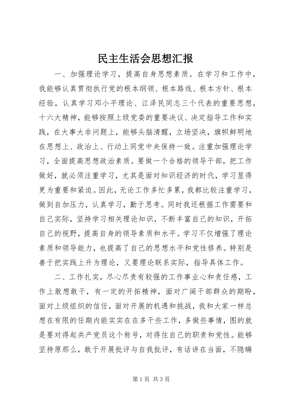 2023年民主生活会思想汇报.docx_第1页