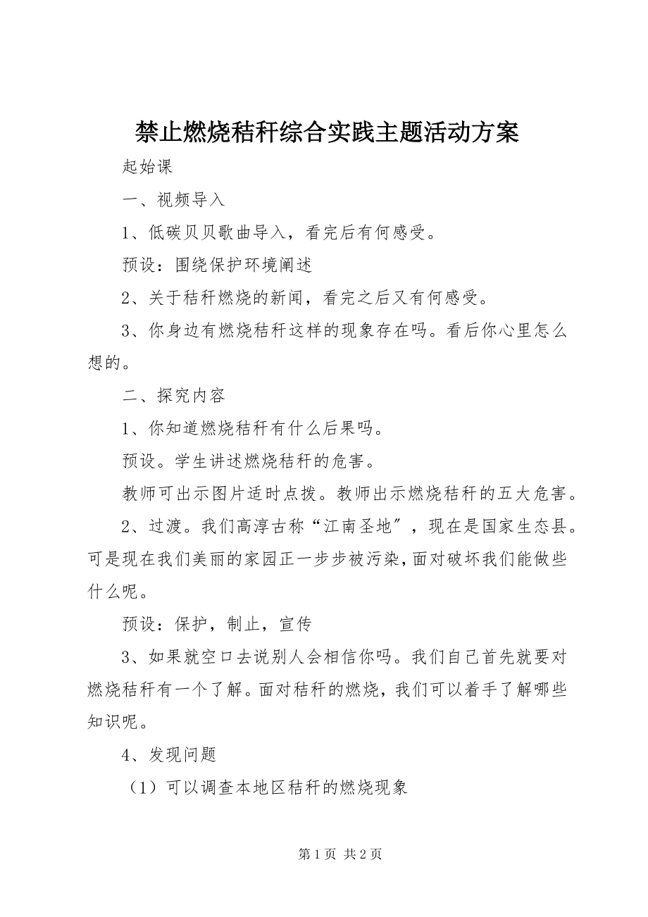 2023年禁止焚烧秸秆综合实践主题活动方案.docx_第1页