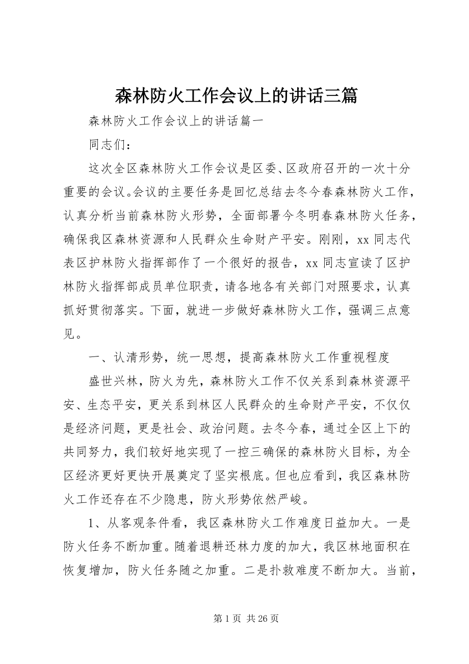 2023年森林防火工作会议上的致辞三篇.docx_第1页