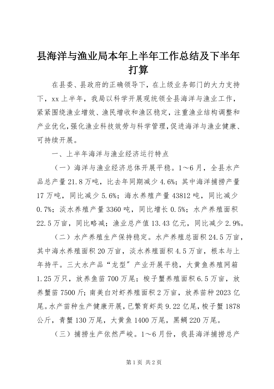 2023年县海洋与渔业局本年上半年工作总结及下半年打算.docx_第1页