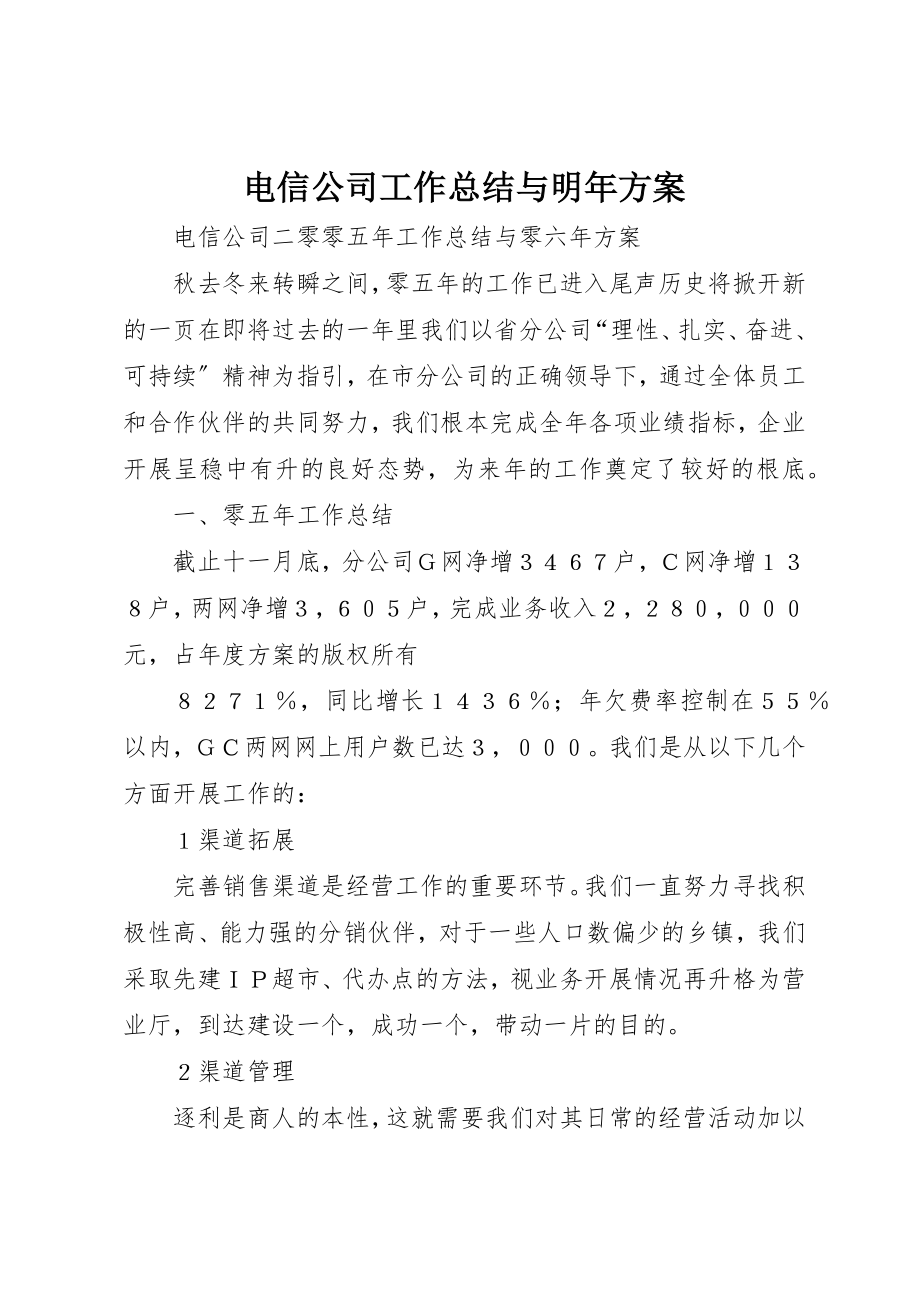 2023年电信公司工作总结与明年计划新编.docx_第1页