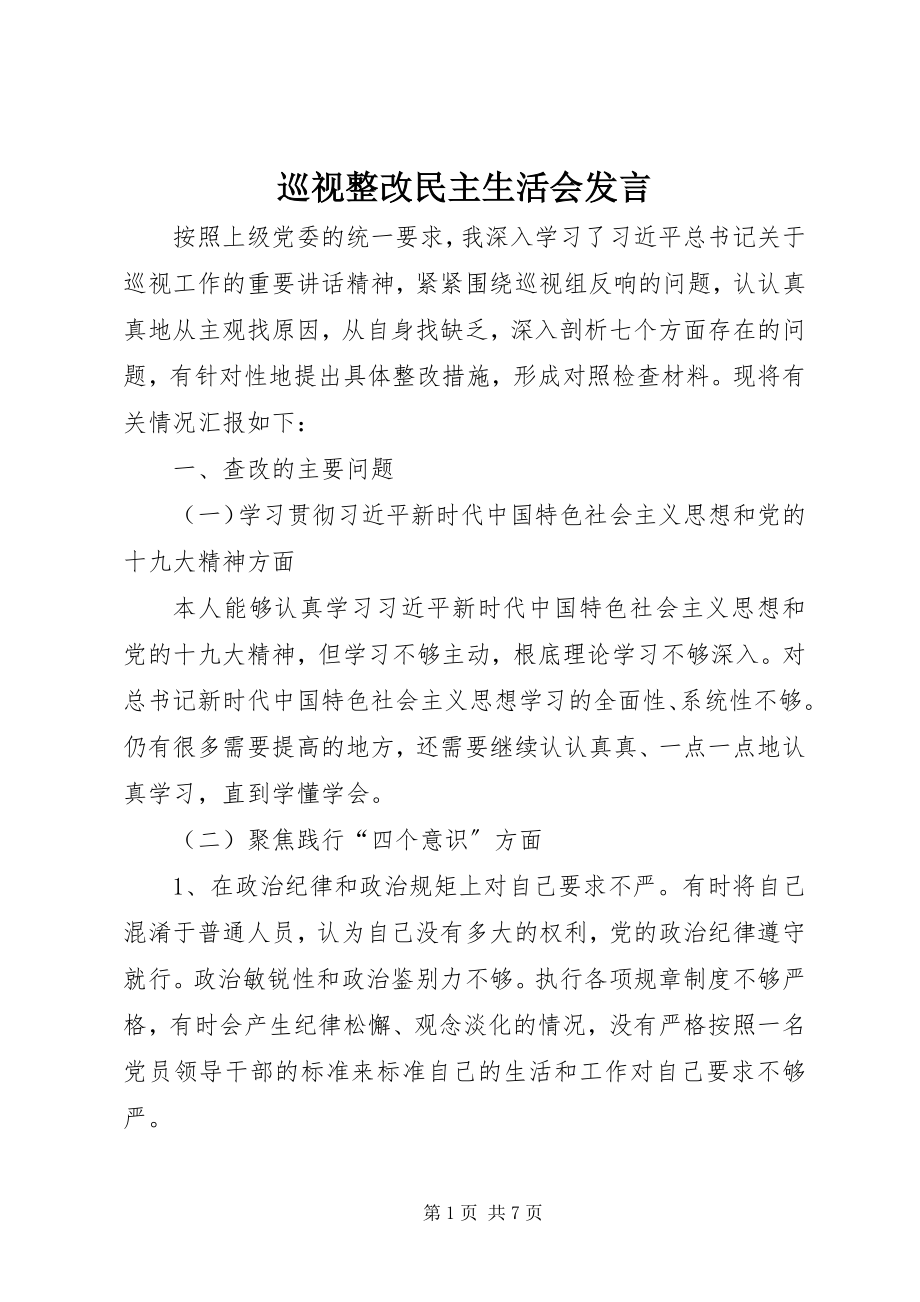 2023年巡视整改民主生活会讲话.docx_第1页