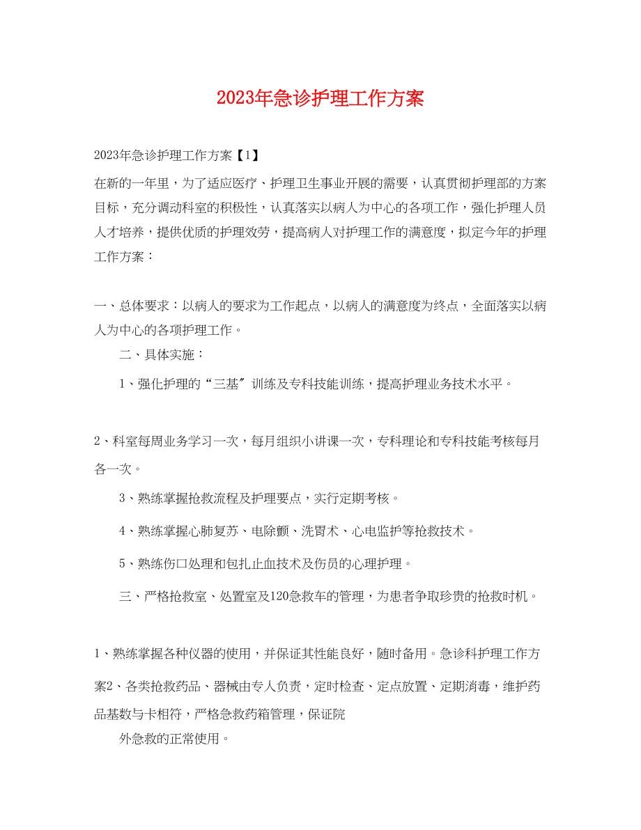 2023年急诊护理工作计划.docx_第1页