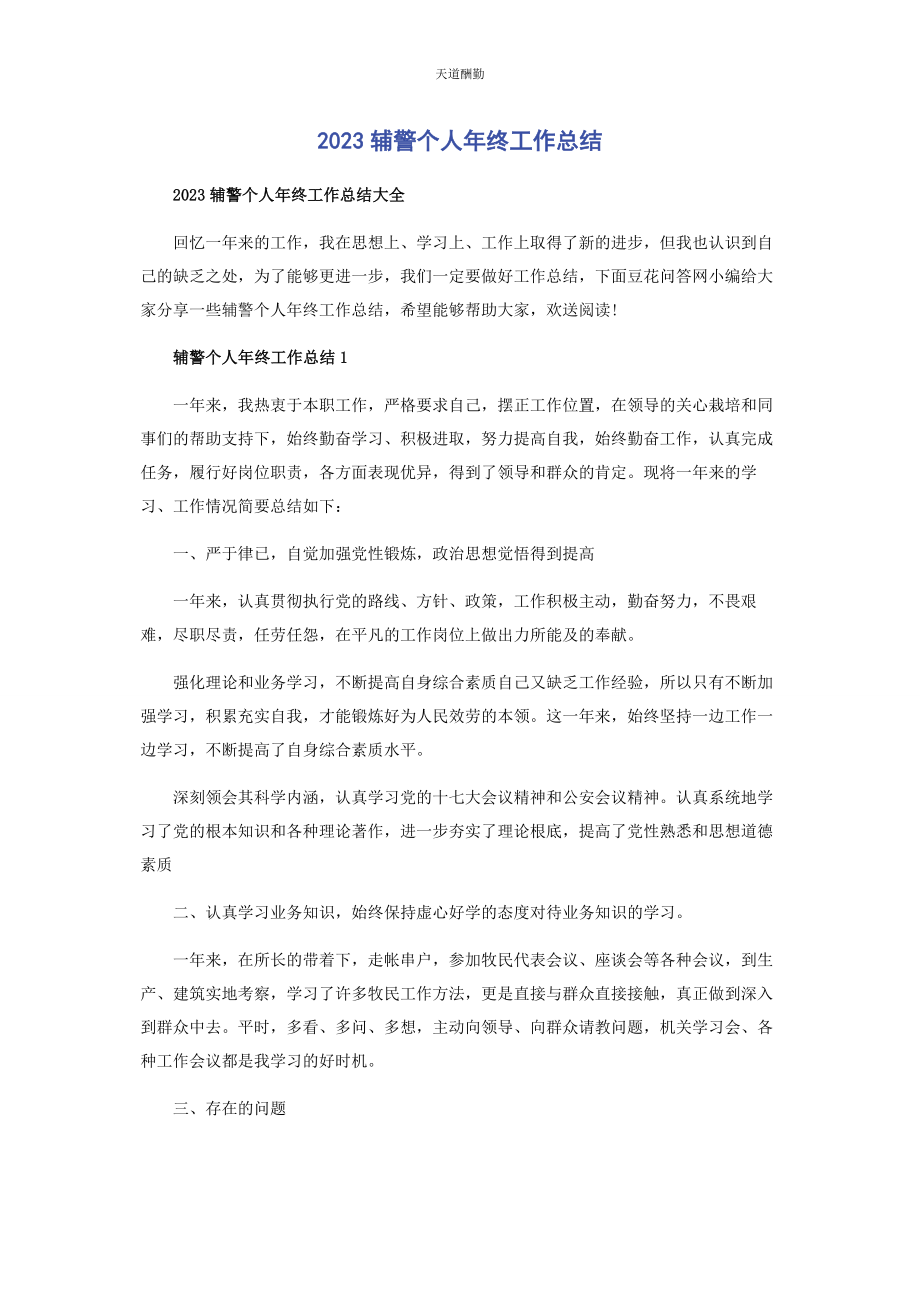 2023年辅警个人终工作总结范文.docx_第1页