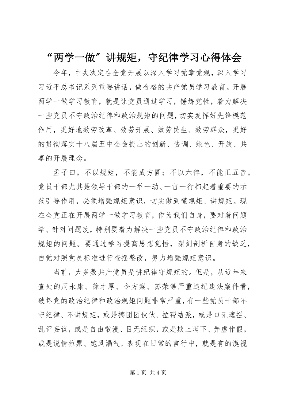 2023年两学一做讲规矩守纪律学习心得体会.docx_第1页