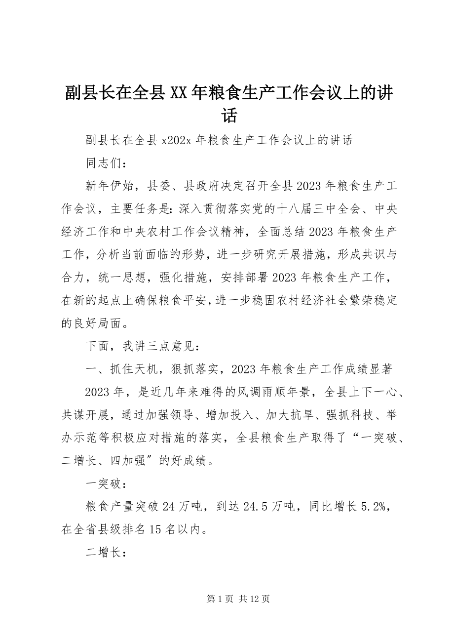 2023年副县长在全县某年粮食生产工作会议上的致辞.docx_第1页