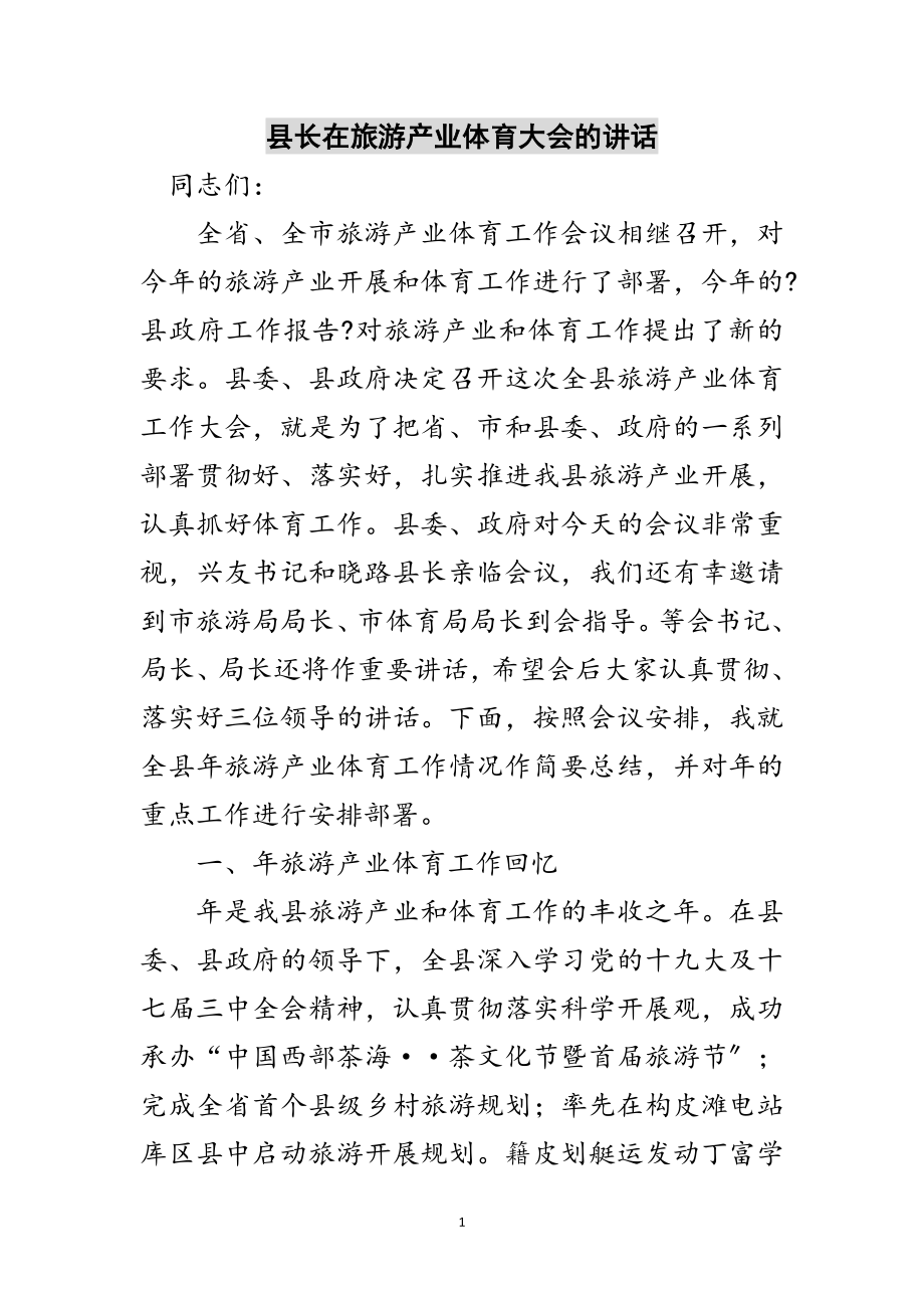 2023年县长在旅游产业体育大会的讲话范文.doc_第1页