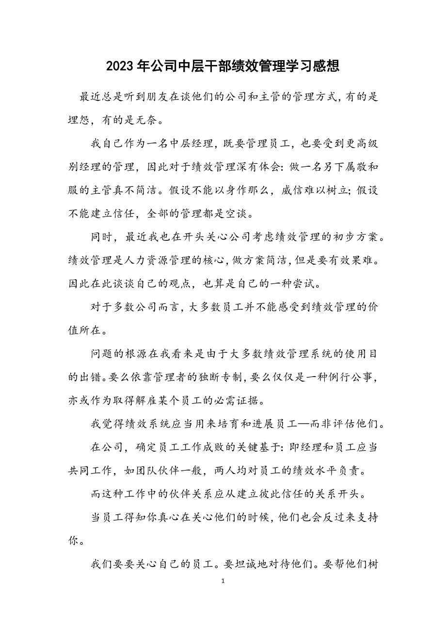 2023年公司中层干部绩效管理学习感想.docx_第1页