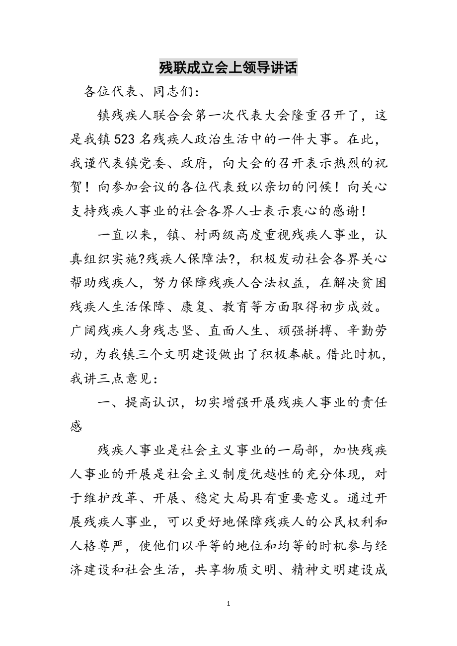 2023年残联成立会上领导讲话范文.doc_第1页