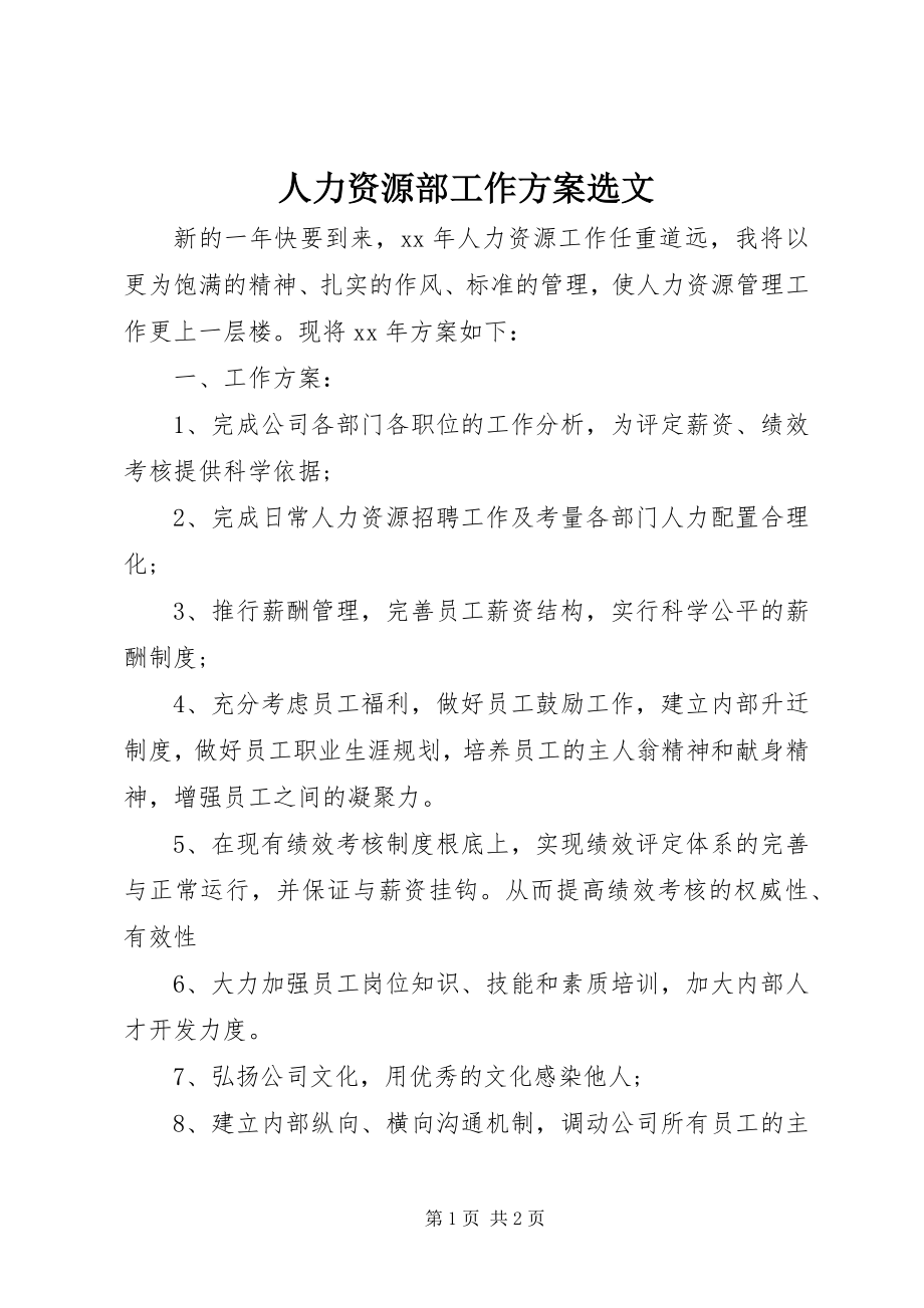 2023年人力资源部工作计划选文.docx_第1页