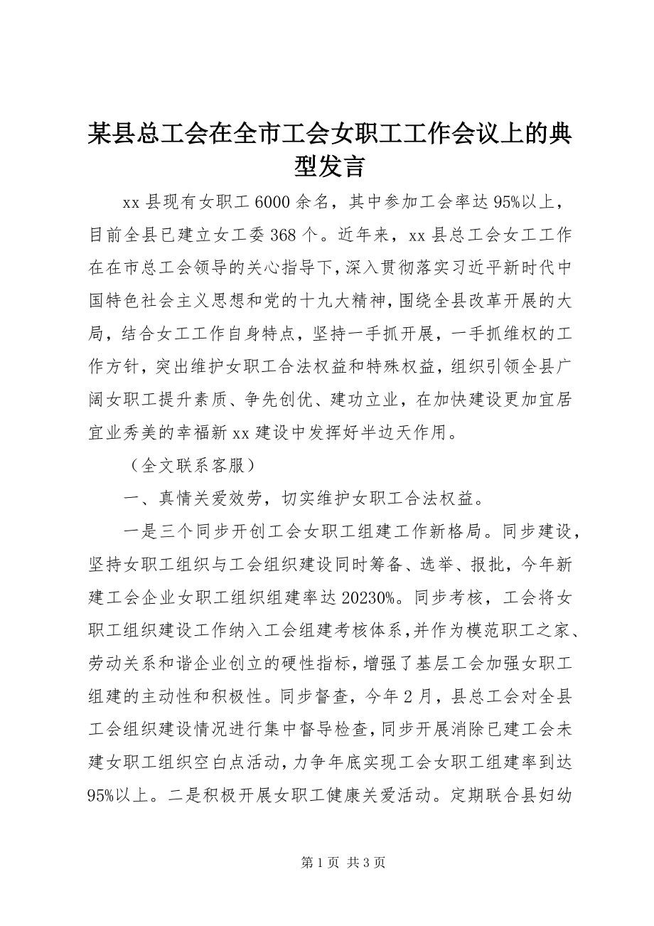 2023年xx县总工会在全市工会女职工工作会议上的典型讲话.docx_第1页