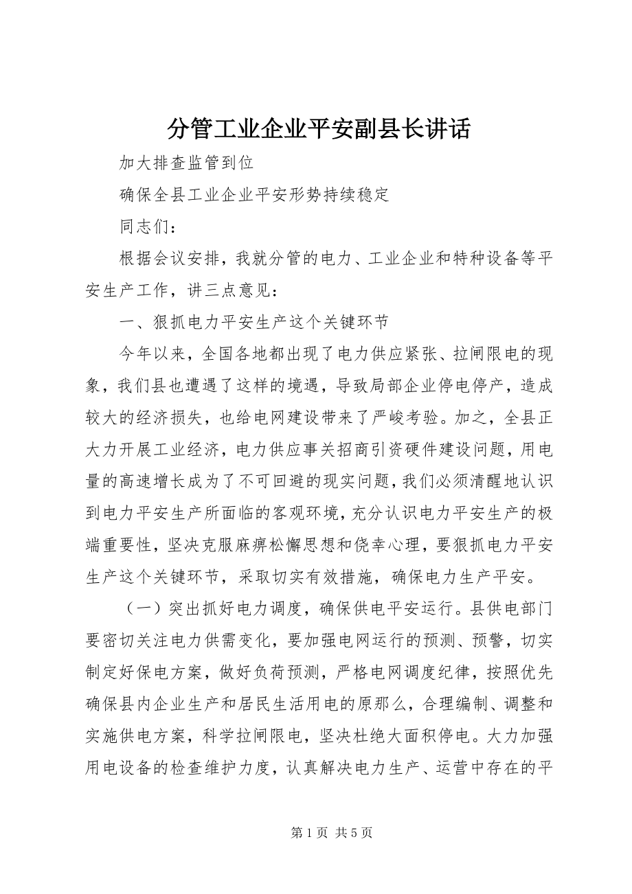 2023年分管工业企业安全副县长致辞.docx_第1页