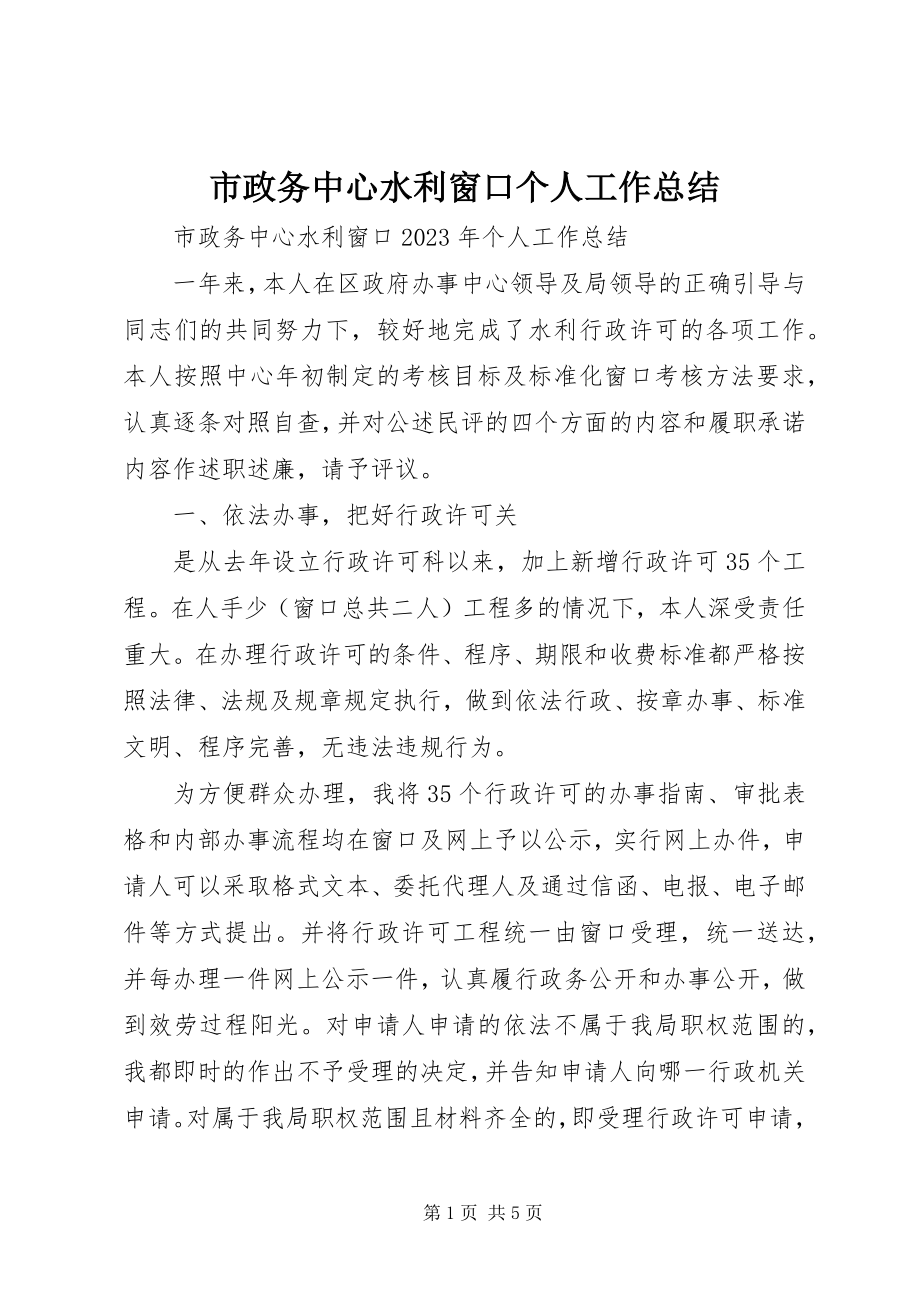 2023年市政务中心水利窗口个人工作总结.docx_第1页