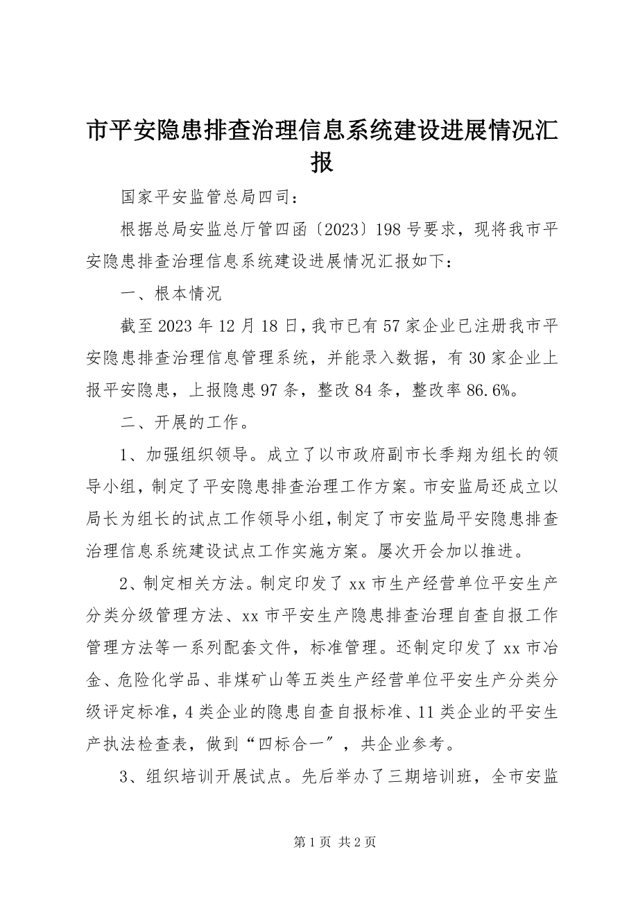 2023年市安全隐患排查治理信息系统建设进展情况汇报.docx_第1页