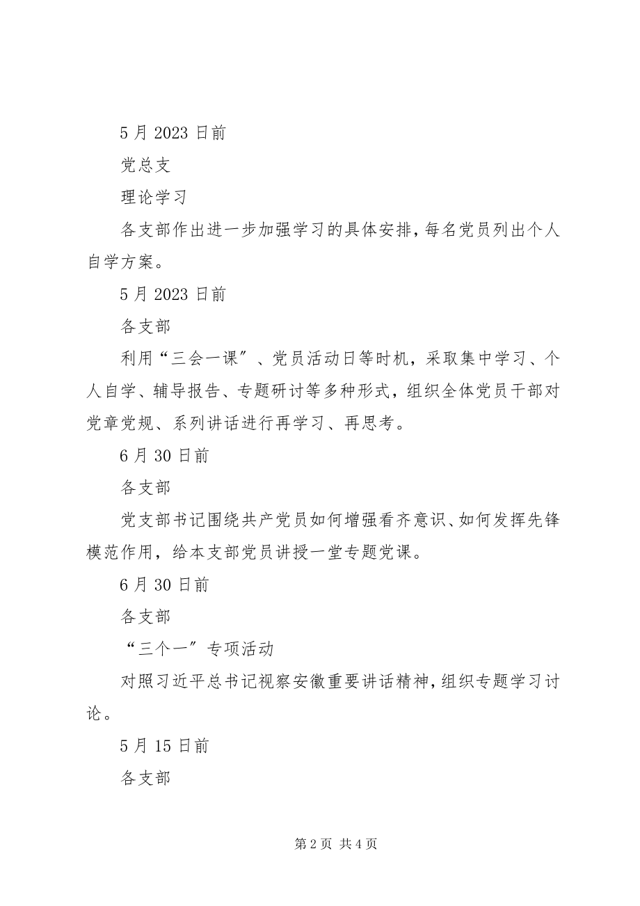 2023年培训中心“讲政治重规矩作表率”专题教育学习计划推进表.docx_第2页