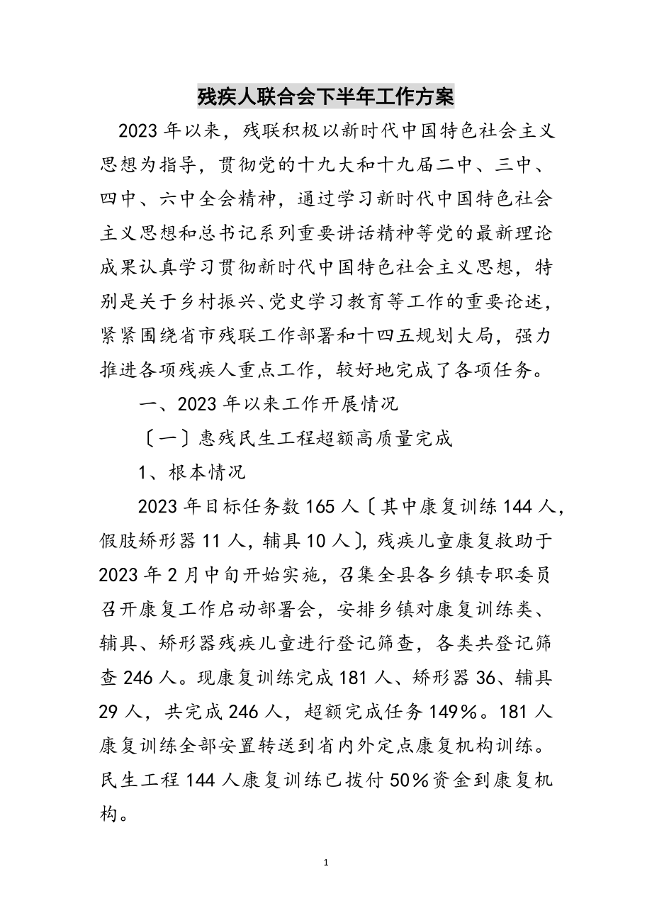 2023年残疾人联合会下半年工作计划范文.doc_第1页