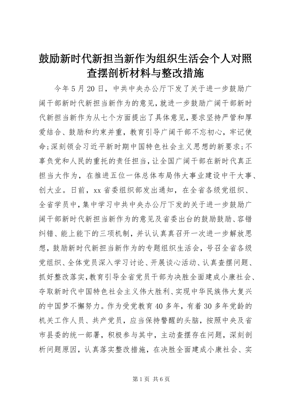 2023年激励新时代新担当新作为组织生活会个人对照查摆剖析材料与整改措施.docx_第1页