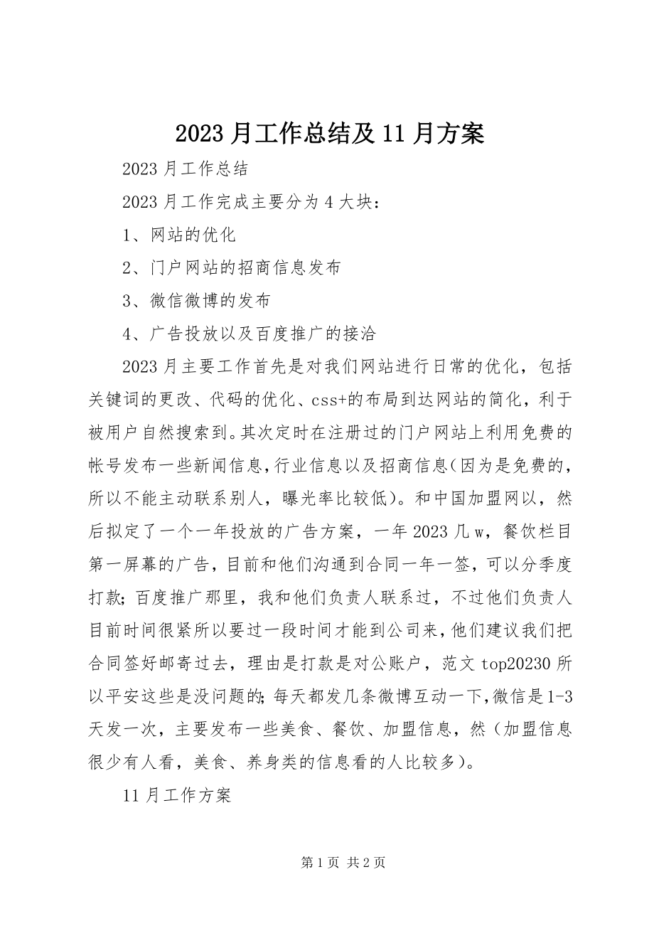 2023年月工作总结及月计划新编.docx_第1页