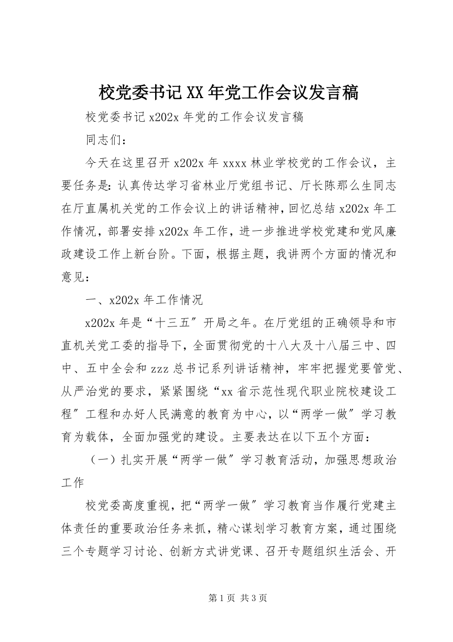 2023年校党委书记党工作会议讲话稿.docx_第1页