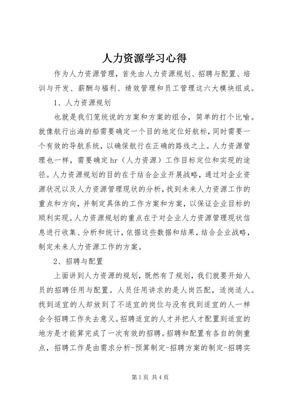 2023年人力资源学习心得.docx_第1页