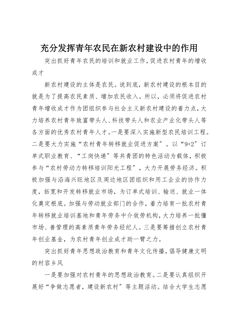 2023年充分发挥青年农民在新农村建设中的作用.docx_第1页