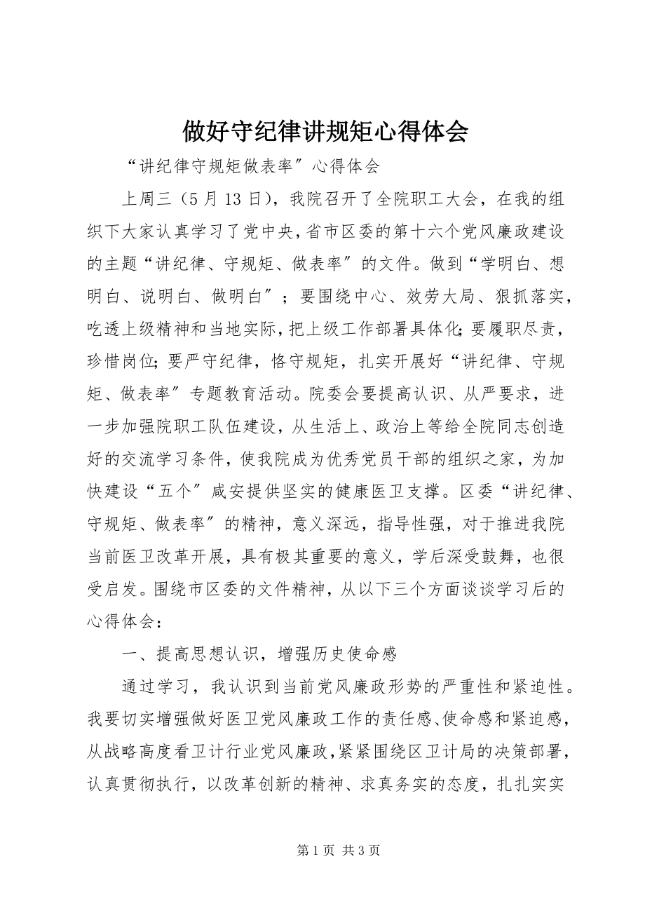 2023年做好守纪律讲规矩心得体会.docx_第1页