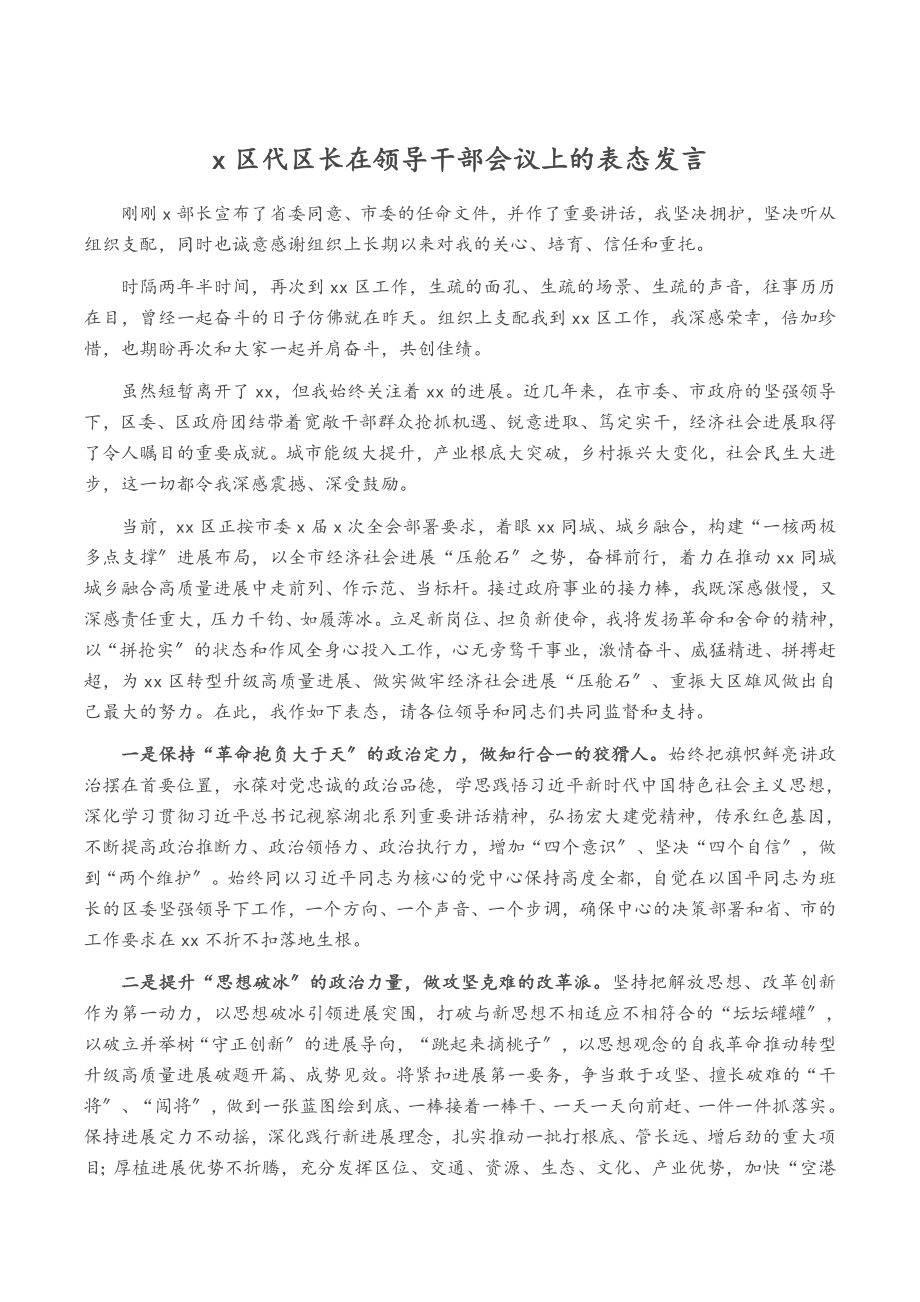 X区代区长在2023年领导干部会议上的表态发言.docx_第1页