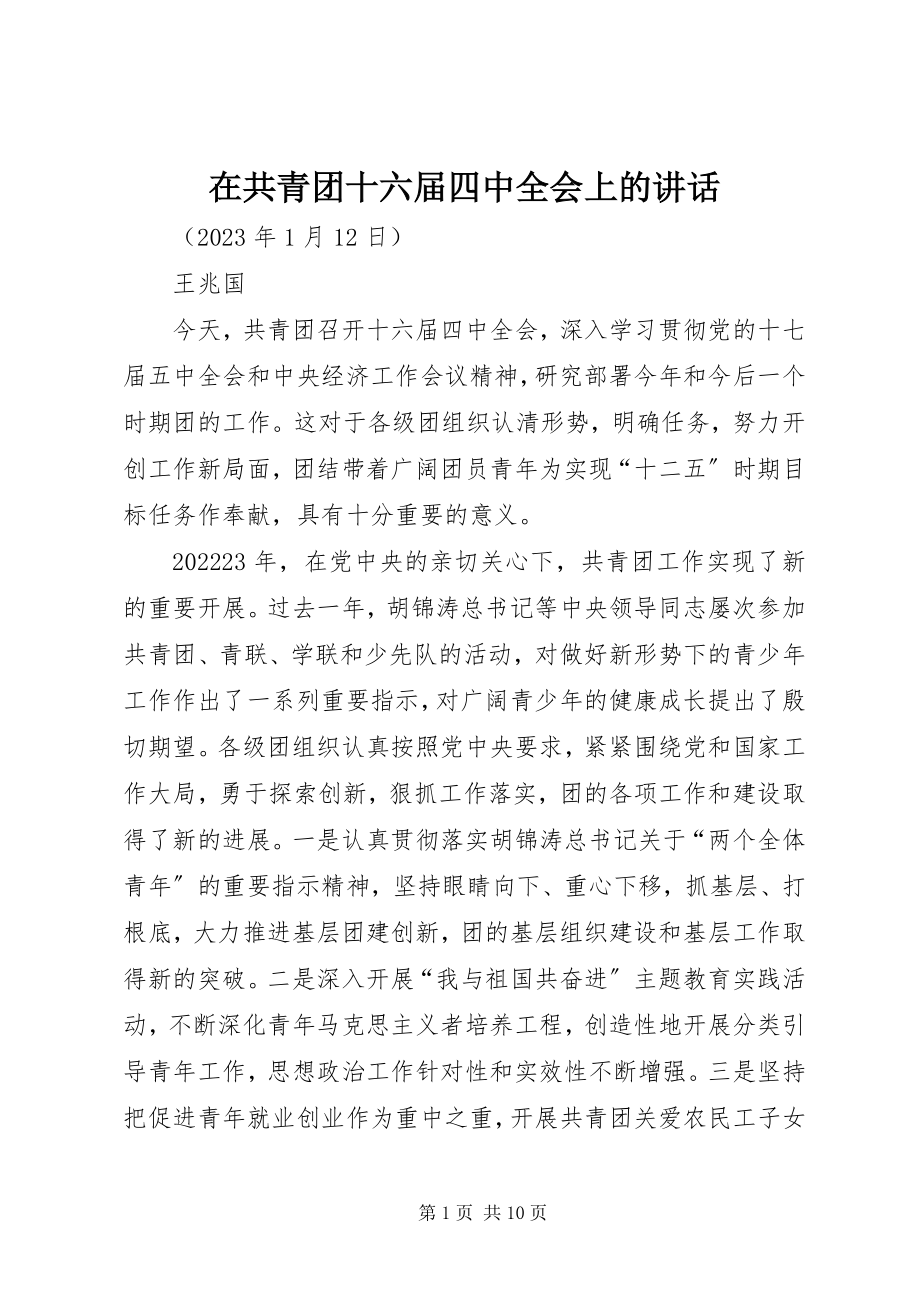 2023年在共青团十六届四中全会上的致辞.docx_第1页