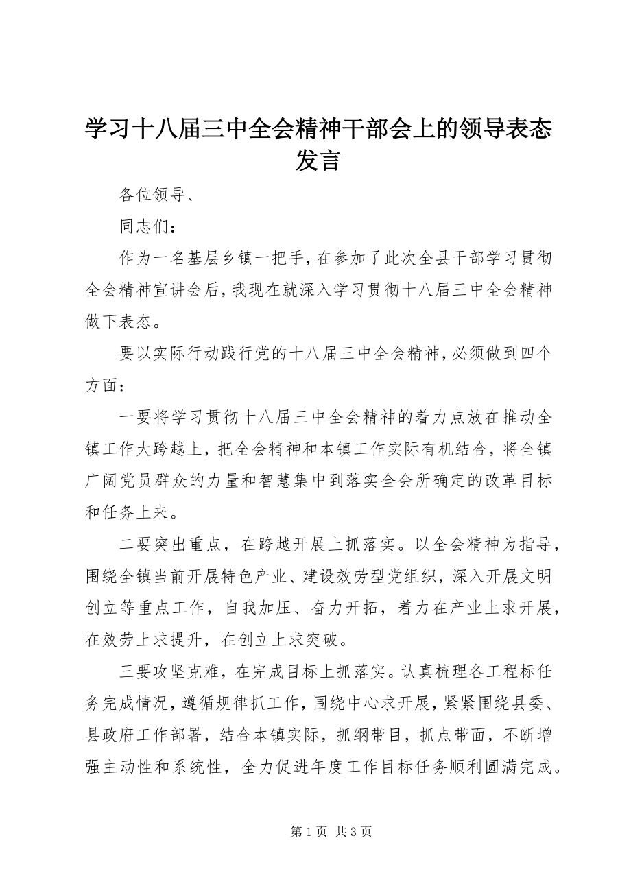 2023年学习十八届三中全会精神干部会上的领导表态讲话.docx_第1页