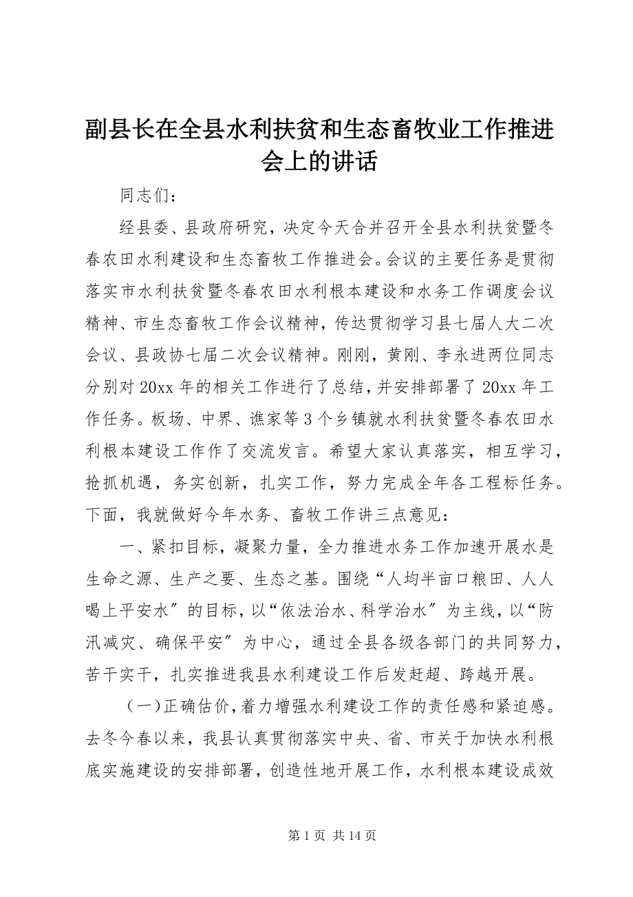 2023年副县长在全县水利扶贫和生态畜牧业工作推进会上的致辞.docx_第1页