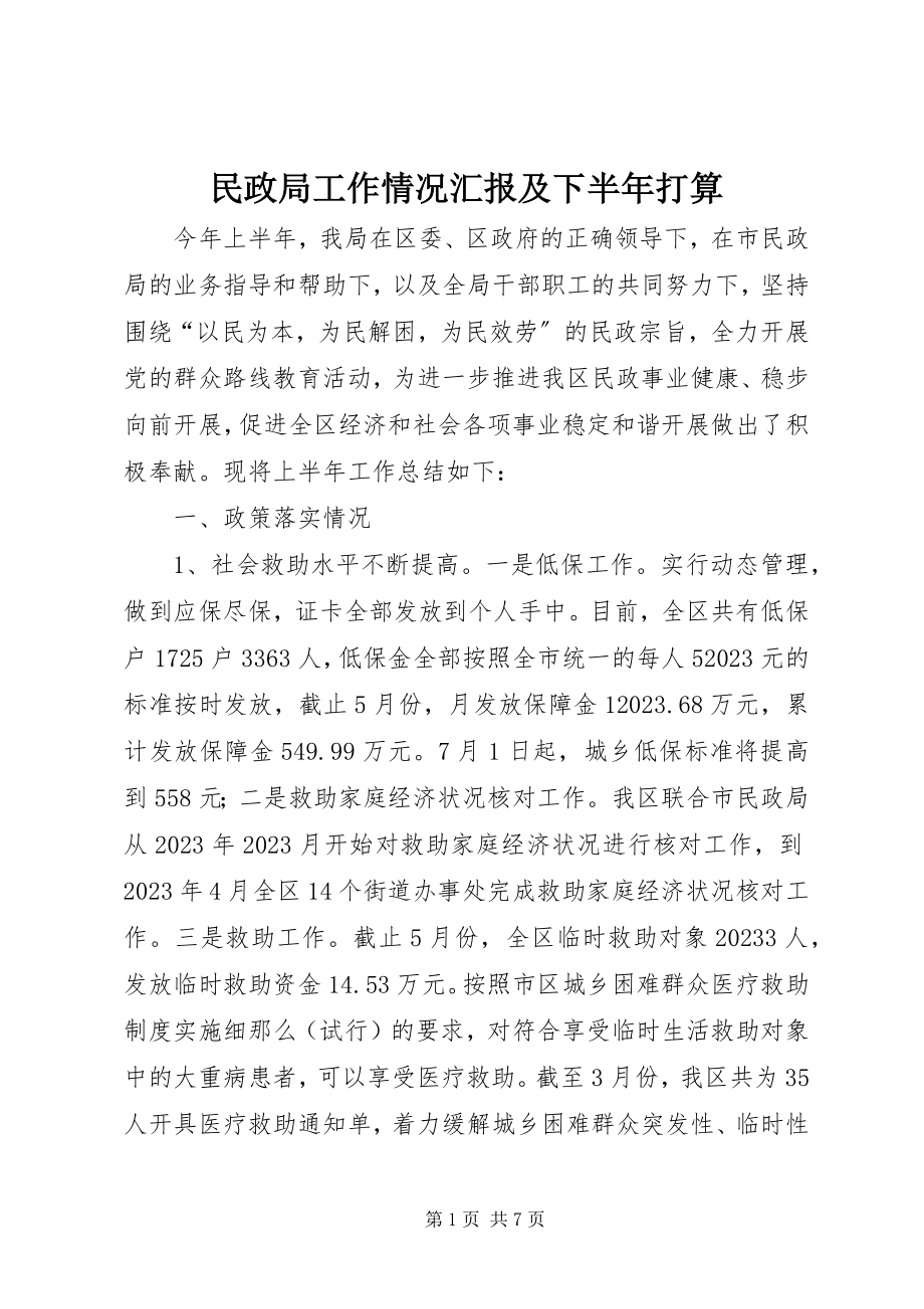 2023年民政局工作情况汇报及下半打算.docx_第1页