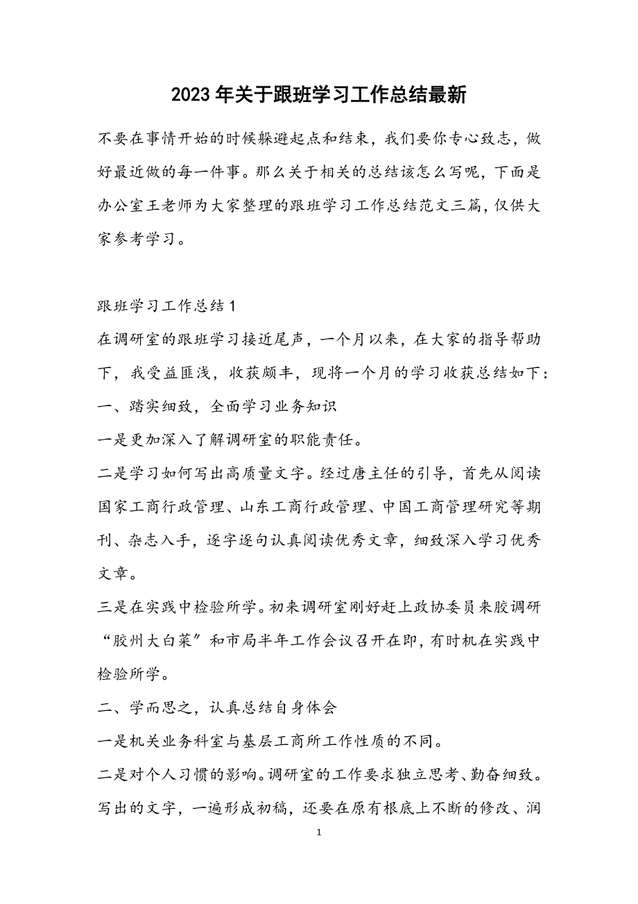 2023年关于跟班学习工作总结最新.docx_第1页