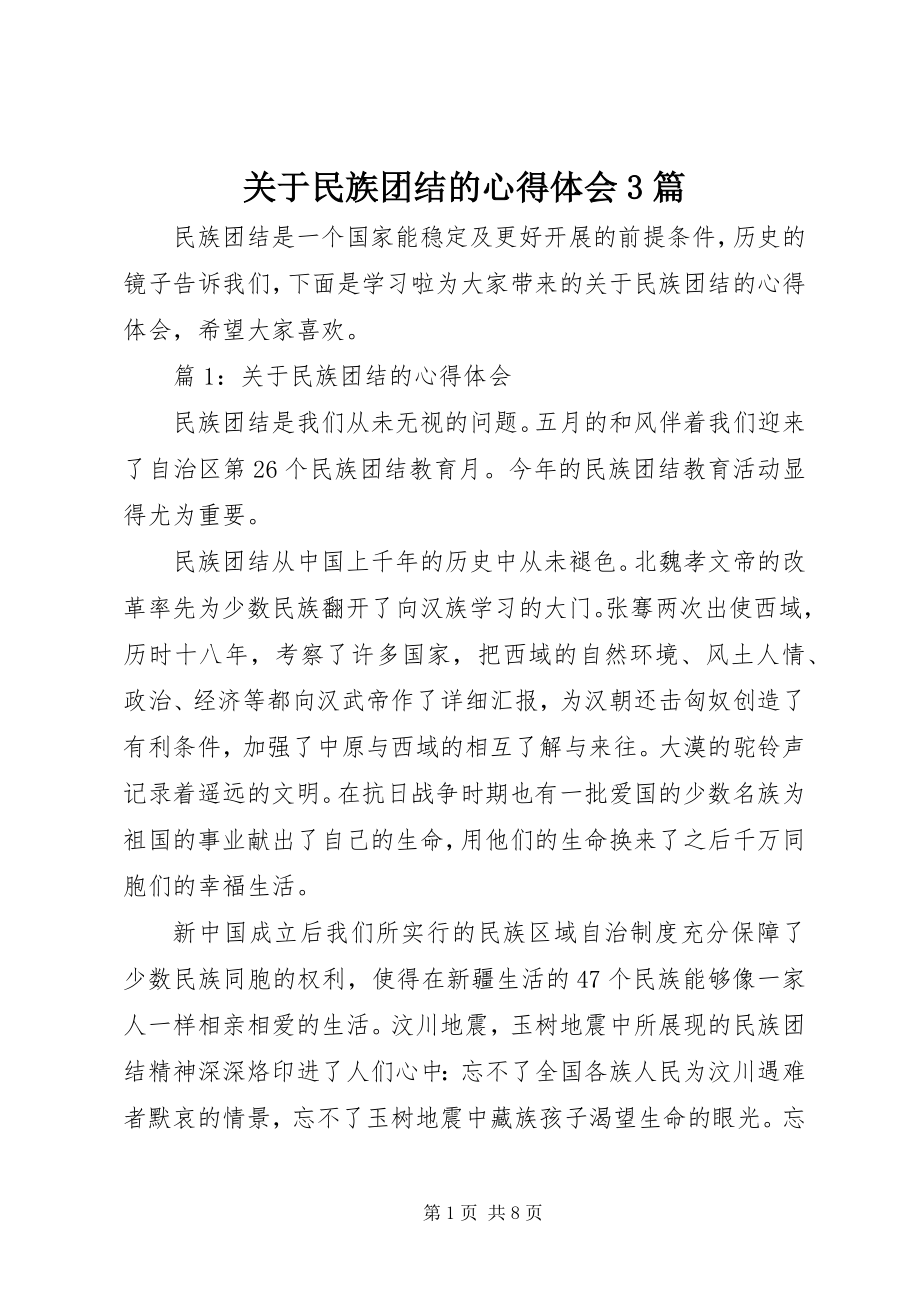 2023年民族团结的心得体会3篇.docx_第1页