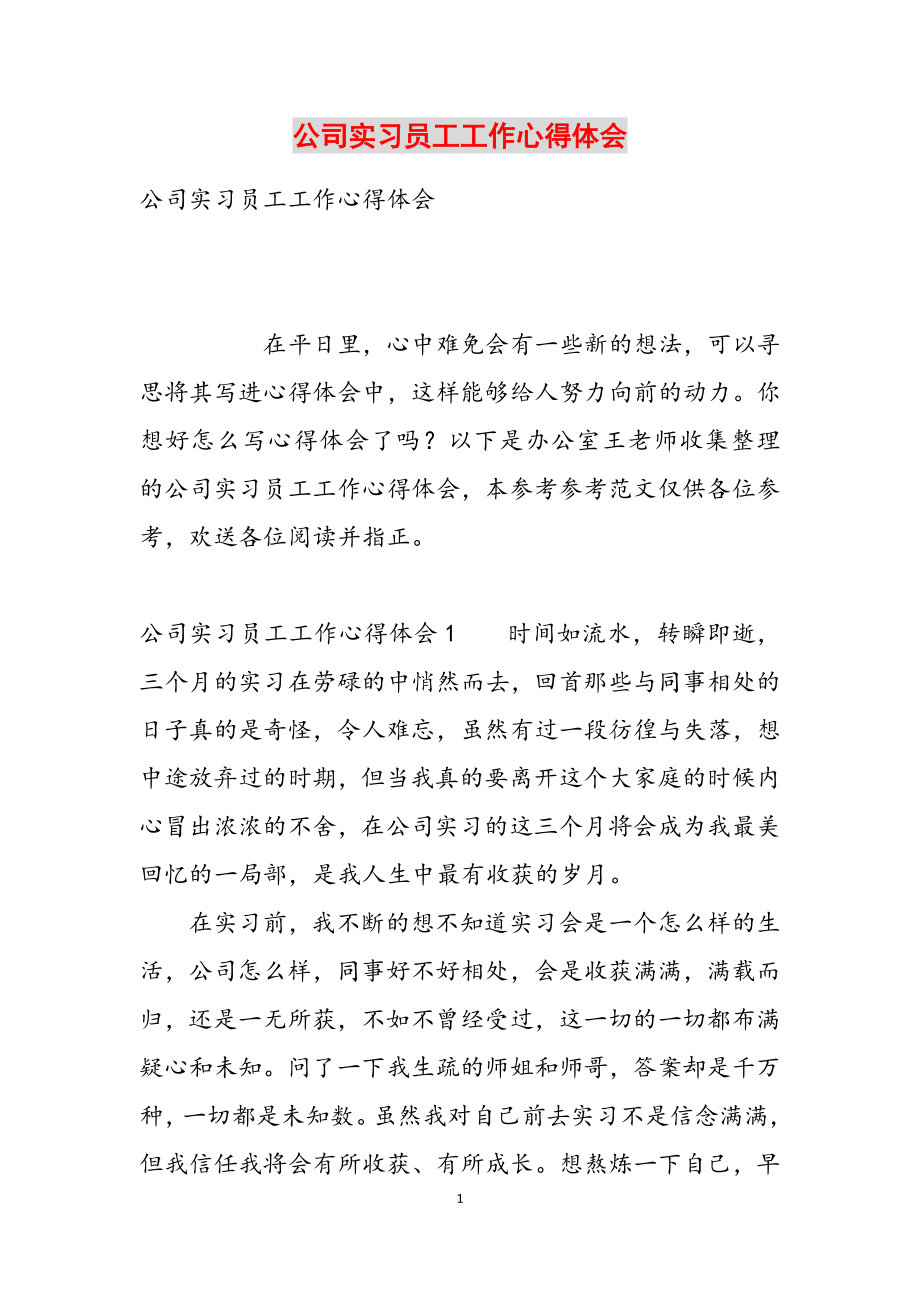 2023年公司实习员工工作心得体会.docx_第1页