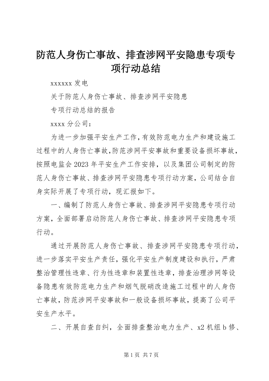 2023年防范人身伤亡事故、排查涉网安全隐患专项专项行动总结.docx_第1页