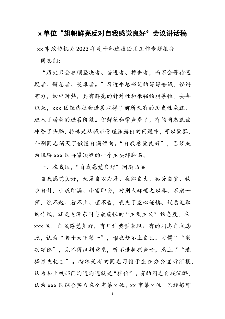 2023年X单位“旗帜鲜明反对自我感觉良好”会议讲话稿.doc_第1页