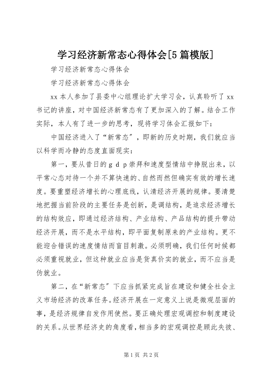 2023年学习经济新常态心得体会5篇模版.docx_第1页