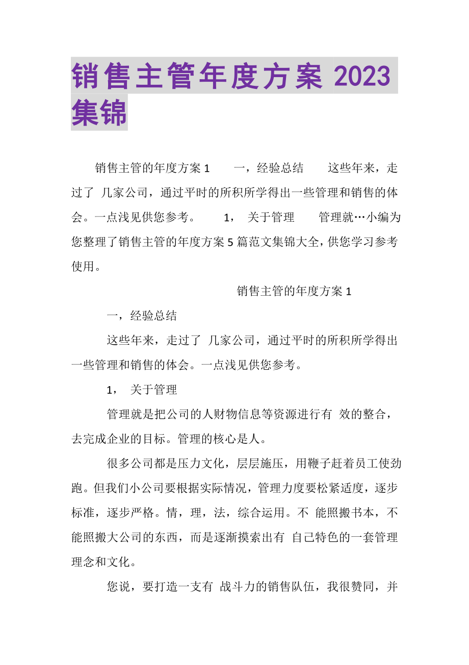 2023年销售主管年度计划集锦.doc_第1页