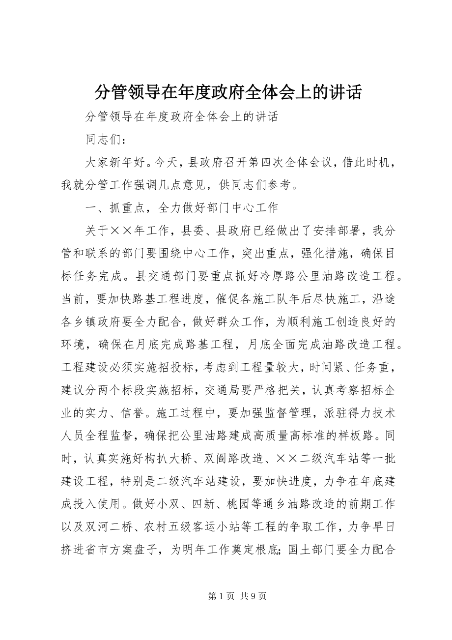 2023年分管领导在年度政府全体会上的致辞.docx_第1页