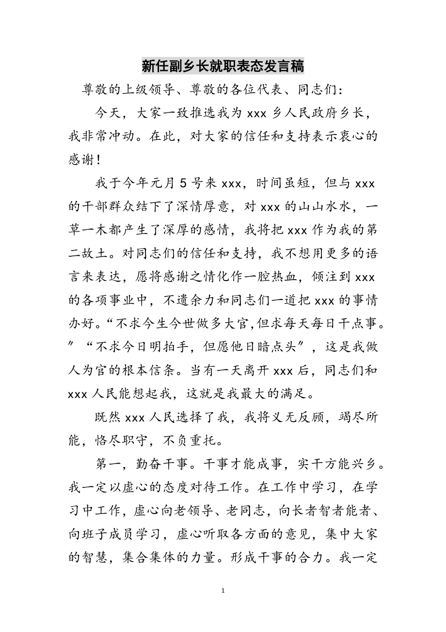 2023年新任副乡长就职表态发言稿范文.doc_第1页