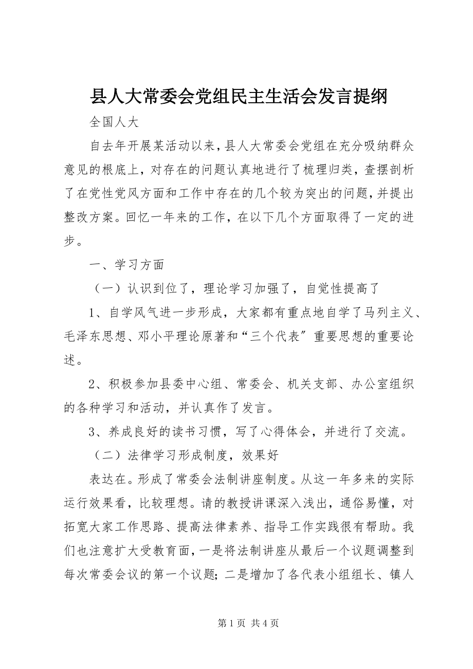 2023年县人大常委会党组民主生活会讲话提纲.docx_第1页