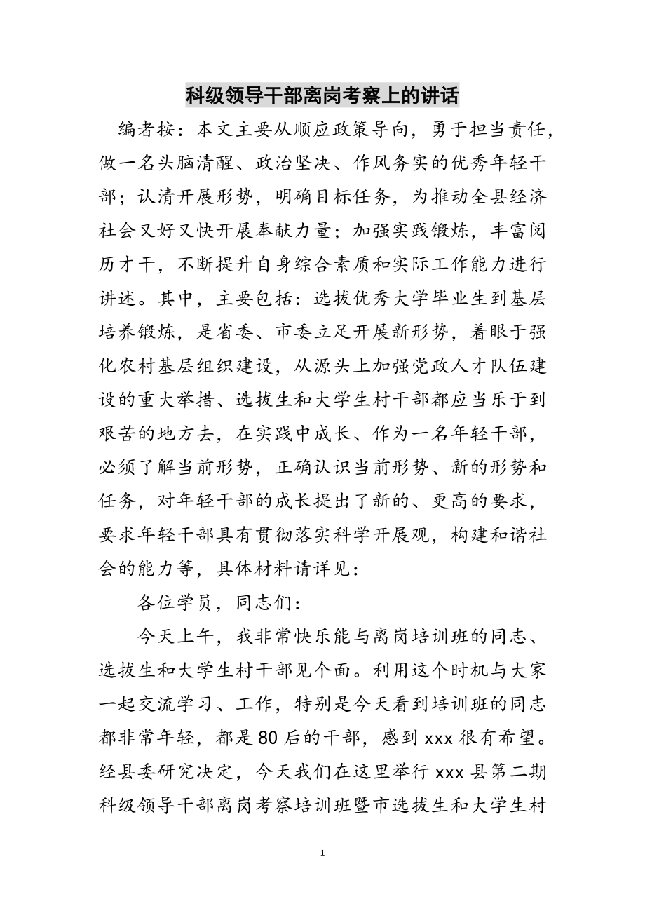 2023年科级领导干部离岗考察上的讲话范文.doc_第1页