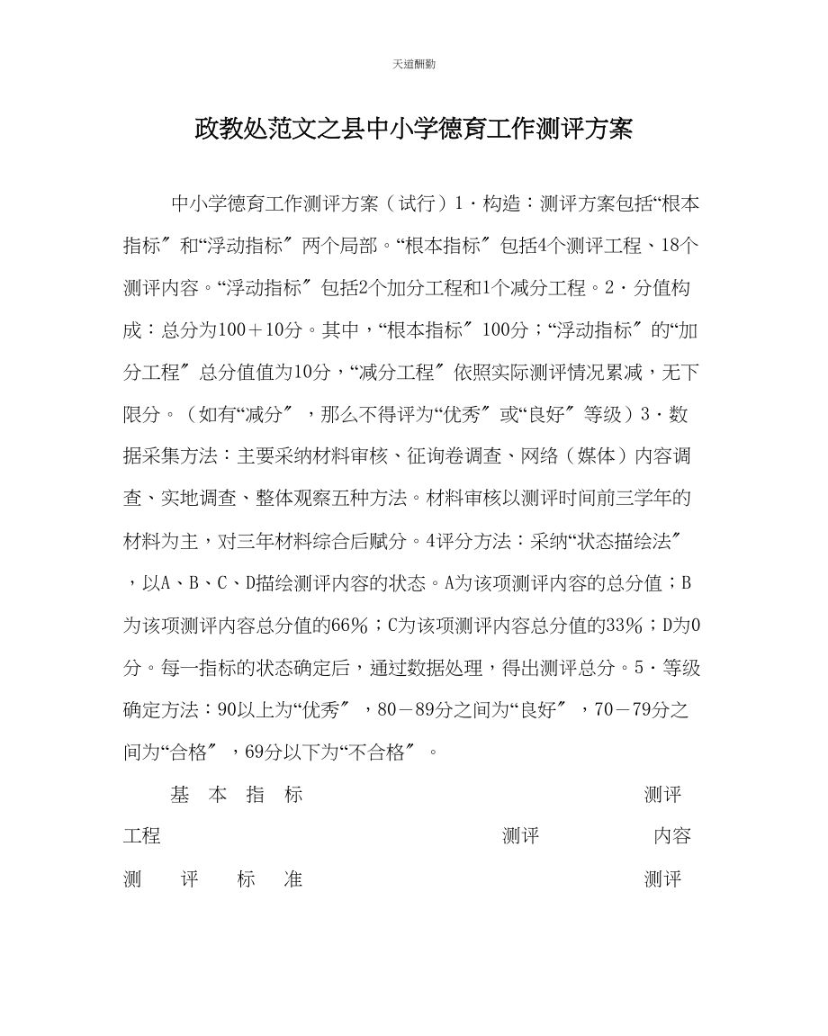 2023年政教处县中小学德育工作测评方案.docx_第1页