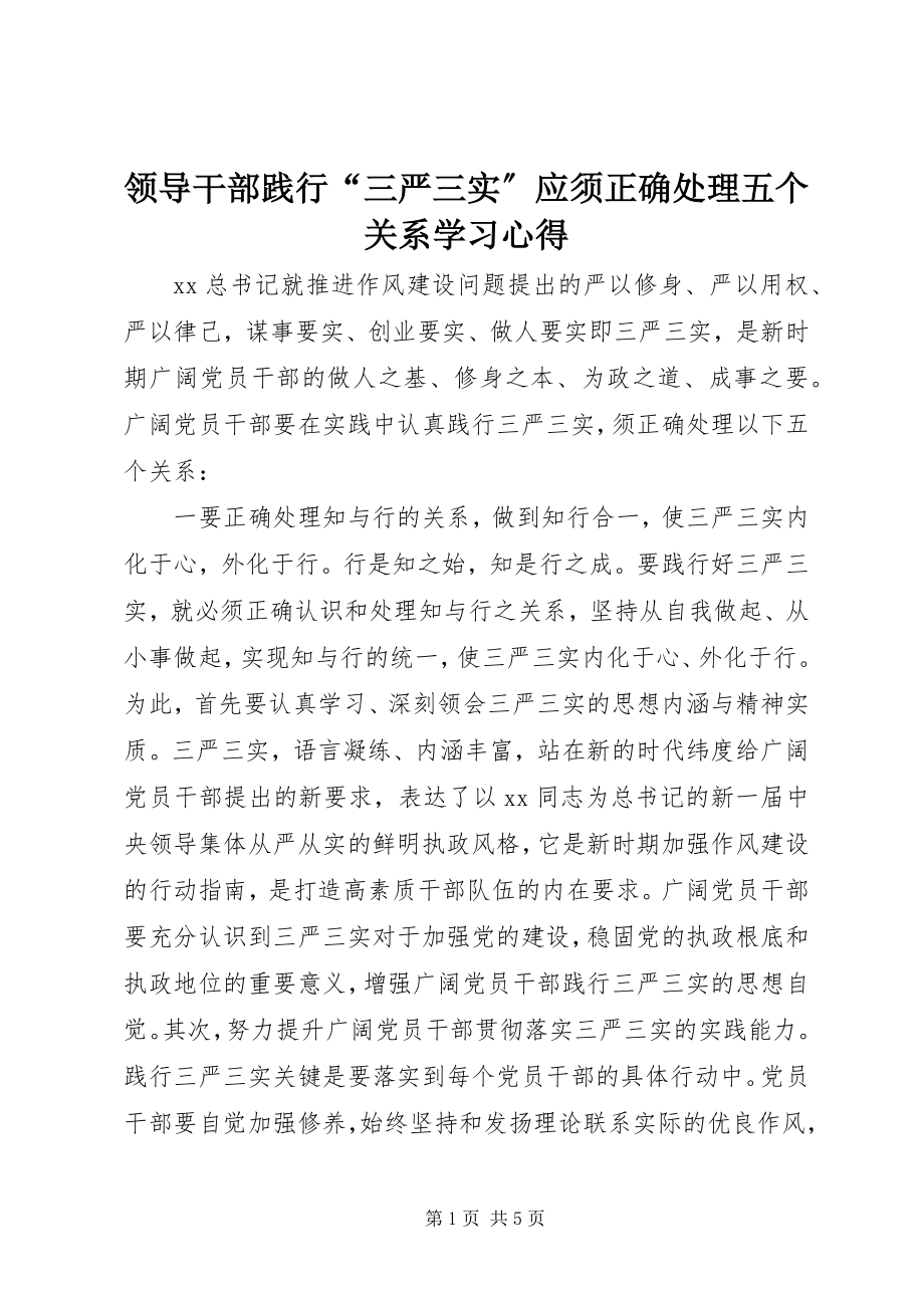 2023年领导干部践行“三严三实”应须正确处理五个关系学习心得.docx_第1页